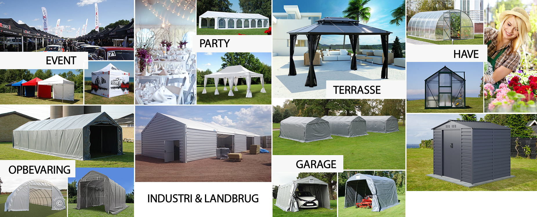 Partytelte,foldetelte,pavilloner,opbevaringstelte,garagetelte,drivhuse, polytunneller,redsskabsskure mm.